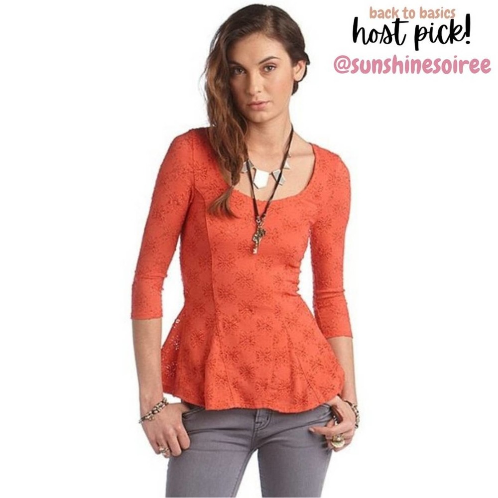 Free People Persimmon Daisy Lace Peplum Godet Top - Picture 2 of 8